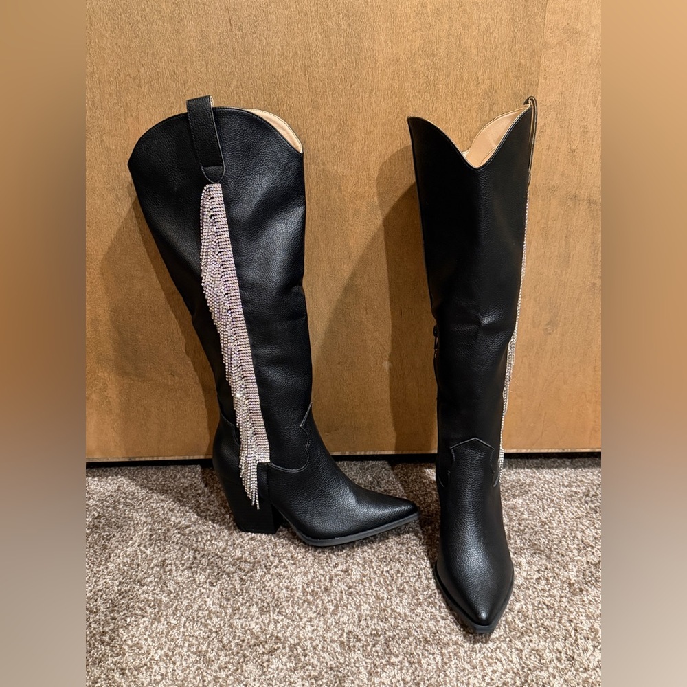 Vici Black Heeled Boots with Sparkling Tassels